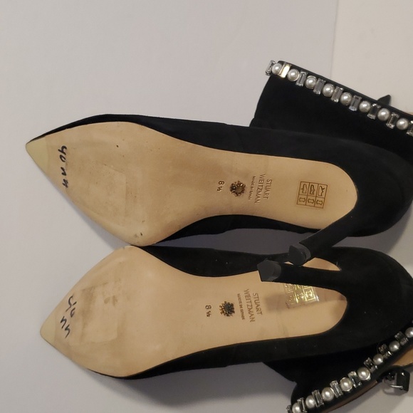 Stuart Weitzman Arista Shine Crystal Pearl Black Suede Ankle Booties Size 8.5B - Picture 12 of 16